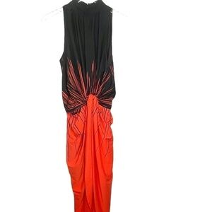 Y.A.S. Corra Maxi Dress Sleeveless High Neck Twisted Waist Sz 38 Black/Coral NWT